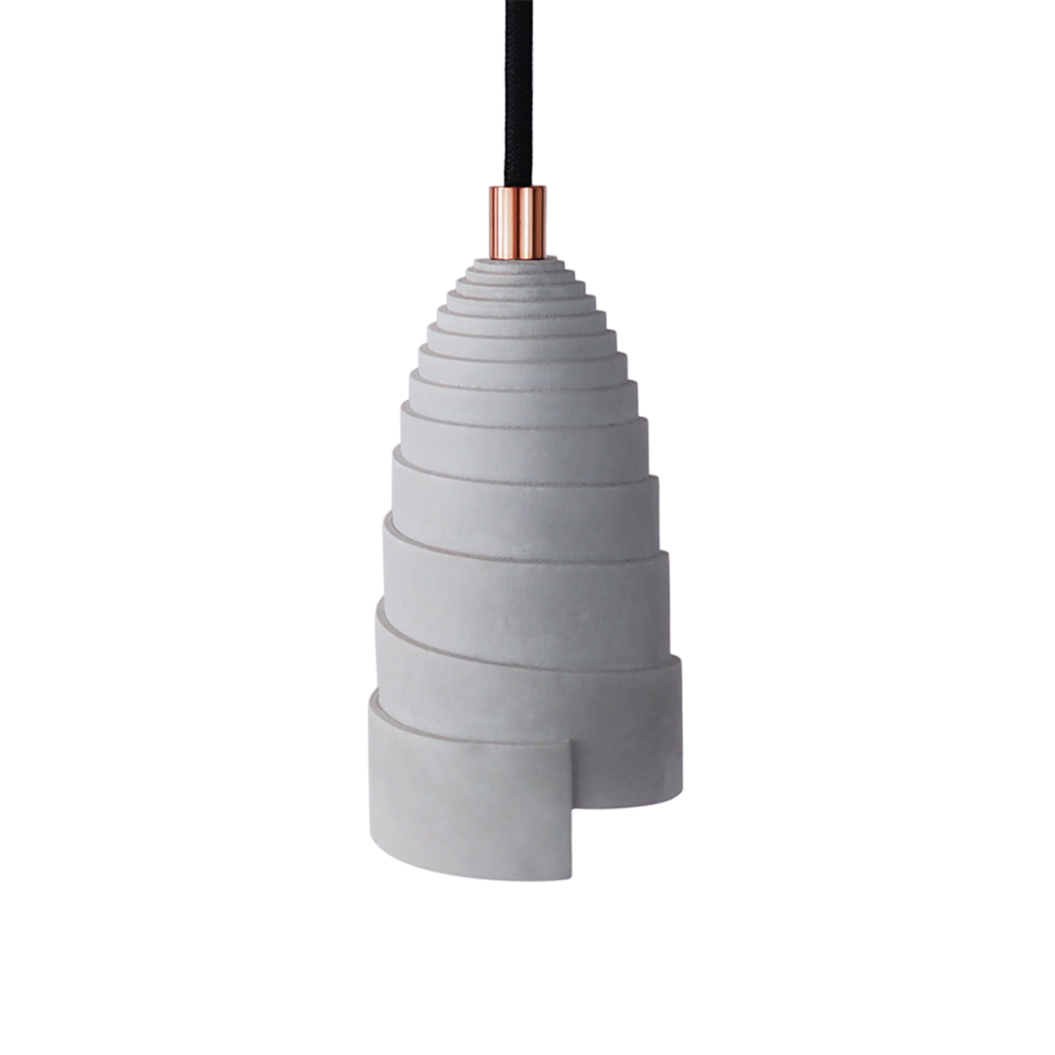 Lampe suspension béton serre câble cuivré cordon noir forme ruban déroulé