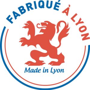 Logo rouge bleu lion mention fabriqué Lyon