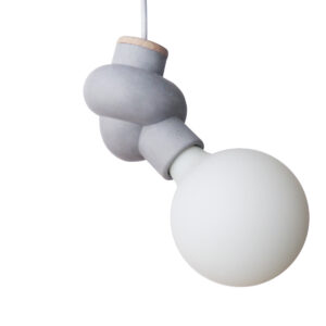 Lampe suspension béton et bois forme nœud cordon électrique blanc ampoule blanche