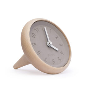 Horloge de table bois et béton forme toupie bord support conique bois cadran béton aiguilles blanches